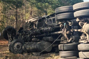 Close view of heavy duty recovery chains attached to overturned semi truck in Warsaw NC